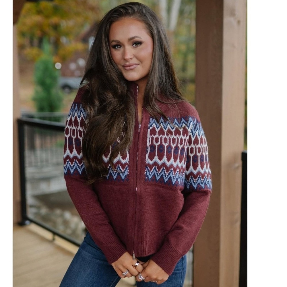 &merci Womens Burgundy Fair Isle Full Zip Mock Neck Cardigan Sweater L Cozy